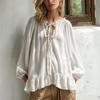 Women's Casual Loose Fit Striped Long Sleeve Round Neck Self-Tie Blouse