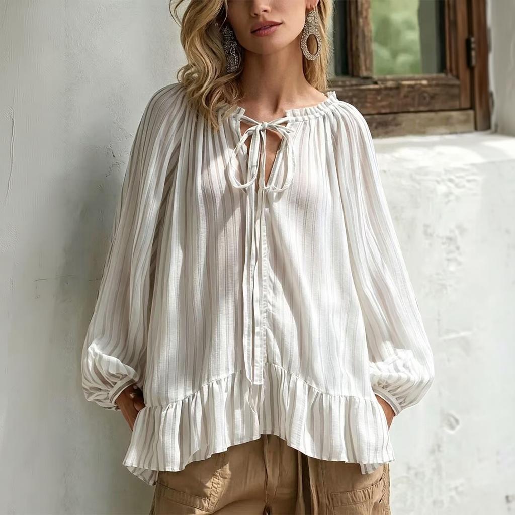 Women's Casual Loose Fit Striped Long Sleeve Round Neck Self-Tie Blouse