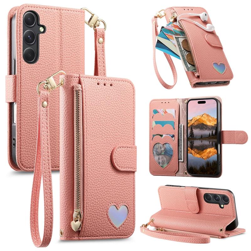 Zipper Style Flip Credit Card Case Pouch Bag for Samsung Galaxy A53/A54/A55/A56/A14/A15/A17/A16 Rope Phone Cover