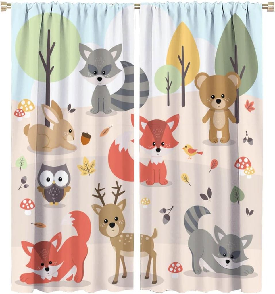 Kids Forest Animal Curtains, Rustic Cute Wild Animal Fox Deer Hedgehog Window Treatments Farmhouse Woodland Window Drapes For