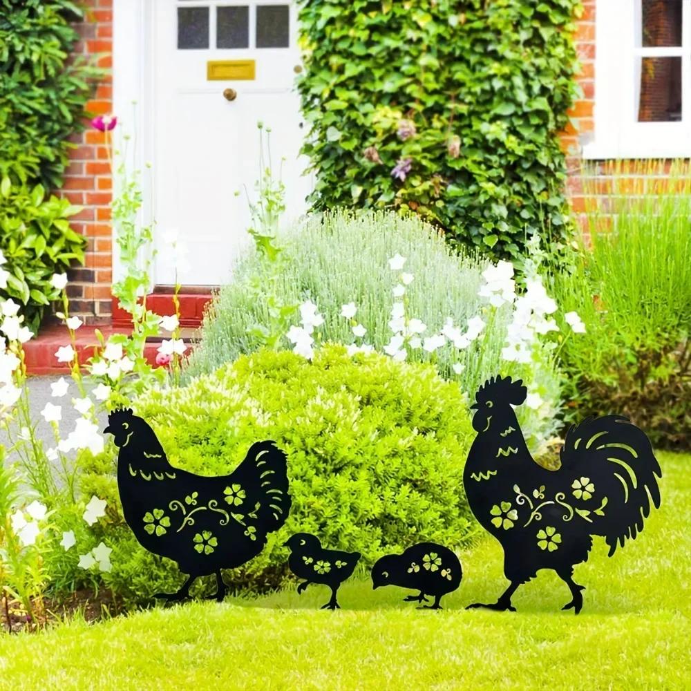 4pcs Garden Rooster Hen Chick Metal Decorative Creative Yard Chicken Family Insert Card Lawn Chicken Garden Plug Craft