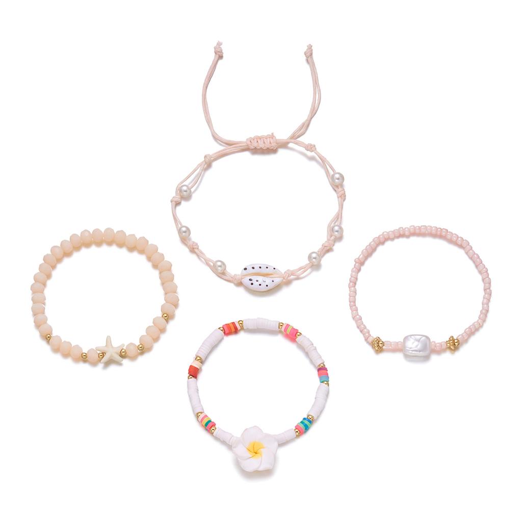 Sweet Shell Flower Heishi Beads Bracelet Set for Women Dainty Frangipani Starfish Rice Beads Elastic Bracelet Party Jewelry Gift