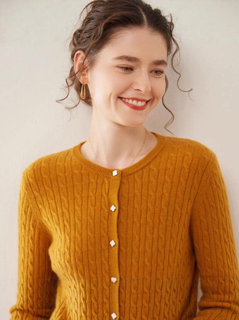 Women's Cashmere Cable Knit Round Neck Cardigan - Autumn/Winter Fashion Versatile Style.