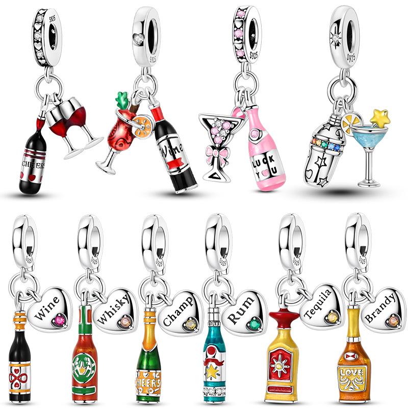925 Silver Wine Charm Beads Pendant For Women DIY Jewelry Gift Original Bracelet Clasp Liquor Series