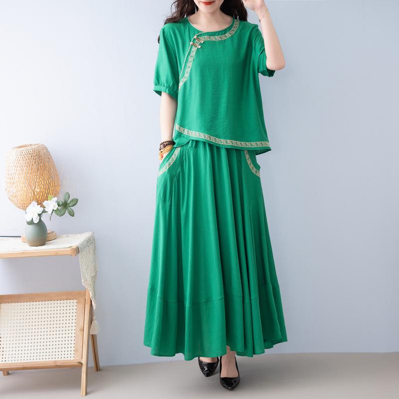 Fashionable Ethnic Midi Skirt Two-Piece Set for Women (2025 Summer)