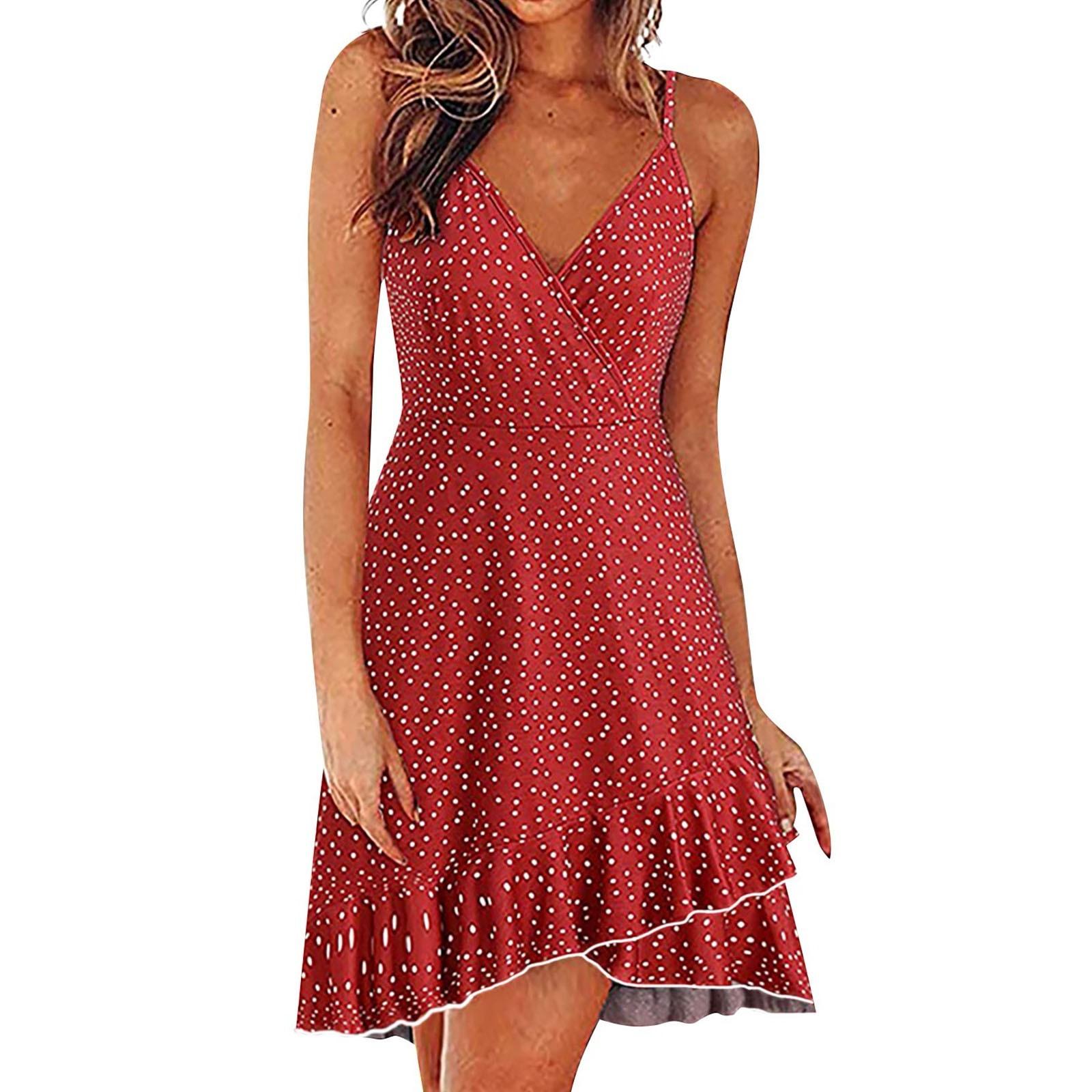 

Женское тонкое платье на бретельках с рюшами и регулируемой пряжкой в ​​горошек L красный