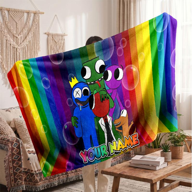 Rainbow Friends Personalized Flannel Blanket, Custom Printed Text Name, Warm Soft Blanket For Couch Bed