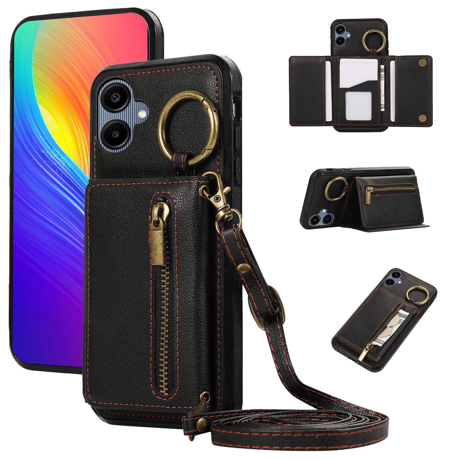 

For Samsung Galaxy A06 4G Leather Back Cover Zipper Wallet Kickstand Phone Case with Shoulder Strap Black