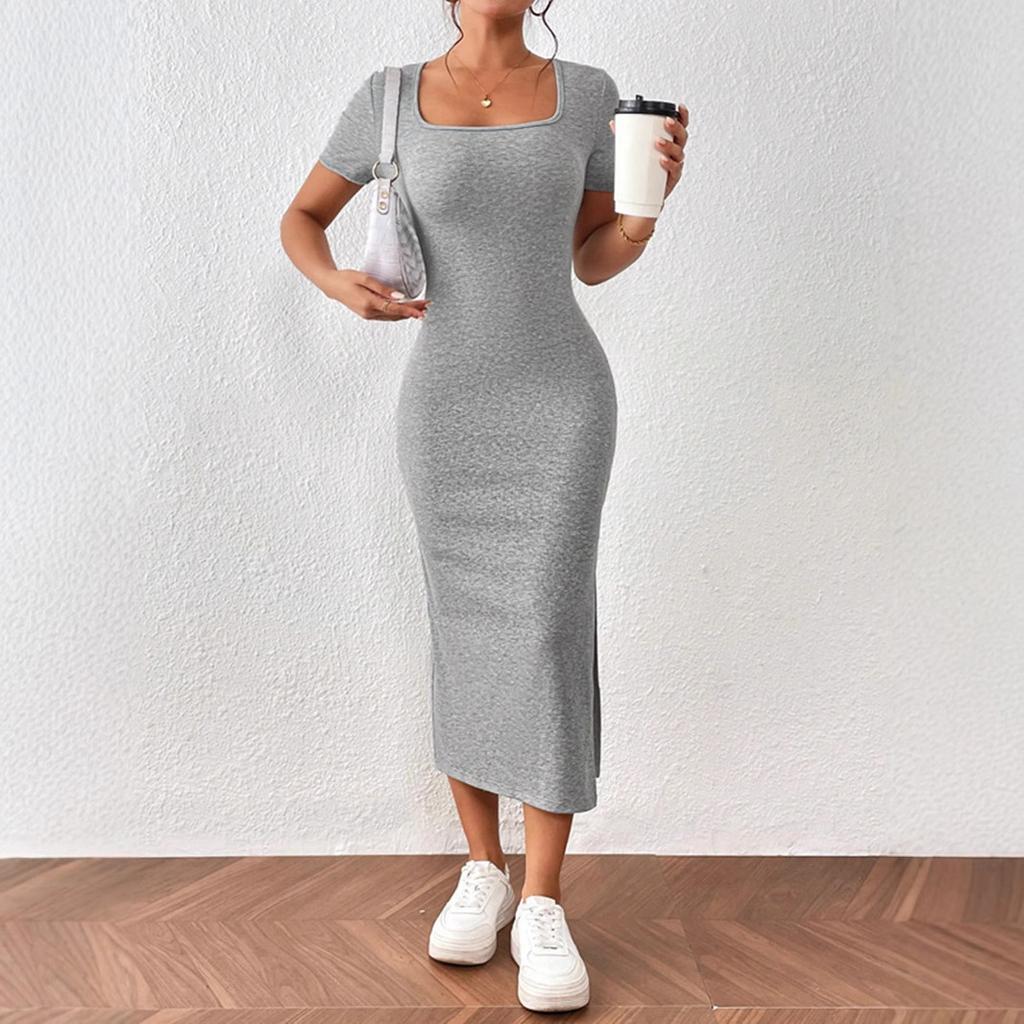 Ladies Dresses Clearance Women's Summer Bodycon Maxi Dress - Square Neck, Short  Sleeve, Ribbed Stretch Fabric Casual Long Dress With Stretch