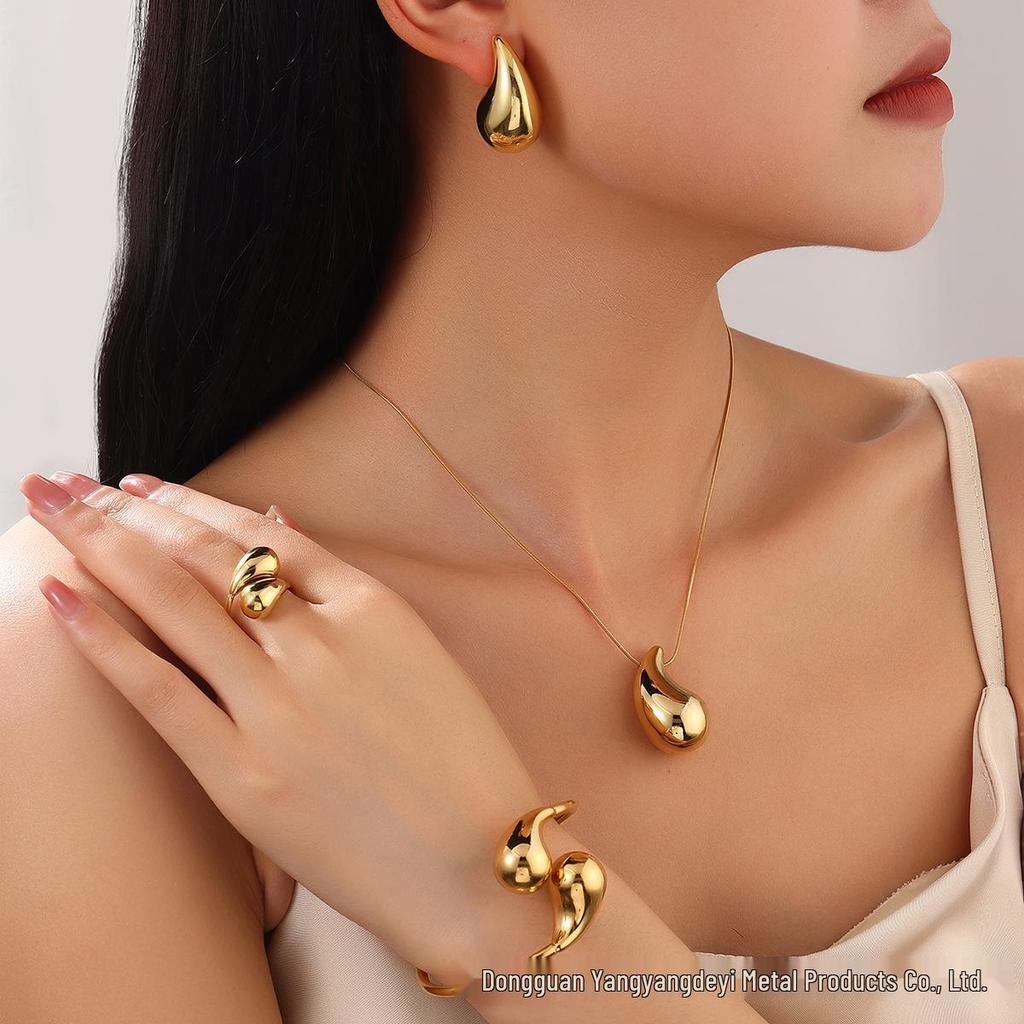 European & American Teardrop Necklace, Earrings, Bracelet, Ring & Snake Bone Chain Jewelry Set