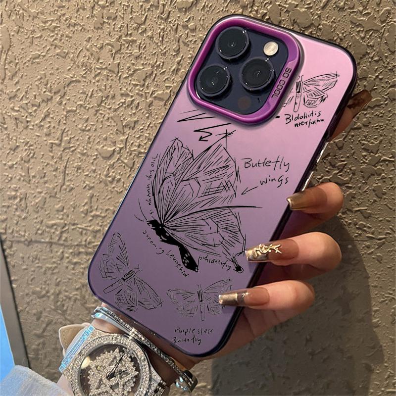 Sketch Lines Butterfly Electroplate Silver IMD Case For iPhone 15 16 Pro Max 14 13 12 11 Pro X XS 7 8 Plus Shockproof Back Cover