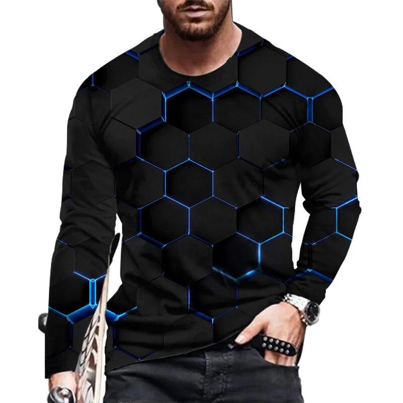 Simple Vintage Pattern 3d Print Men's O-Neck T-shirt Casual Long Sleeve Oversized Pullover Fashion T-shirt Men Clothing