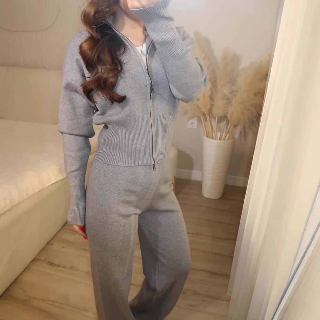 Cross-border European and American women's clothing  Amazon lapel long-sleeved zipper slim-fit sports wide-leg pants simple set