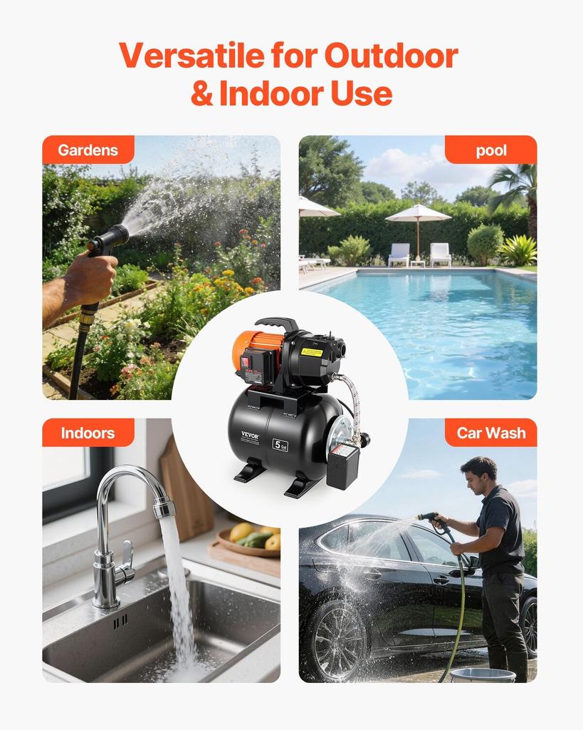 Bomba para Pozos Poco Profundos de 1 HP con Tanque de Presión, 230V 3750 L/h, Bomba de Chorro para Riego de Hierro Fundido con Tanque de 19 L, Sistema Automático de Transferencia Booster de Agua,