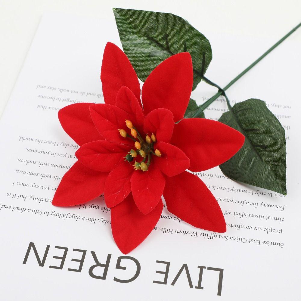 Red Color Christmas Flowers Bouquet Green Leaves Fake Flowers Decoration Christmas Tree Ornaments