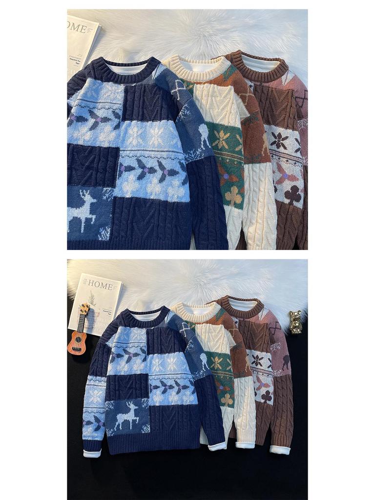 Men's Retro Patchwork Loose Knit Sweater - Winter Base Layer Outerwear