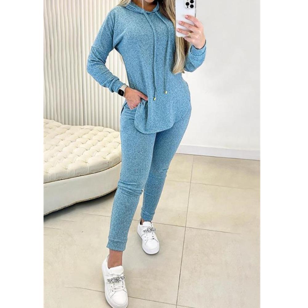 

Набір із 2 предметів. Жіночий костюм 2024. Весняна мода, світшот із довгим рукавом і капюшоном із розрізом на нижній нижній частині та повсякденний комплект штанів із завищеною талією. XL синій