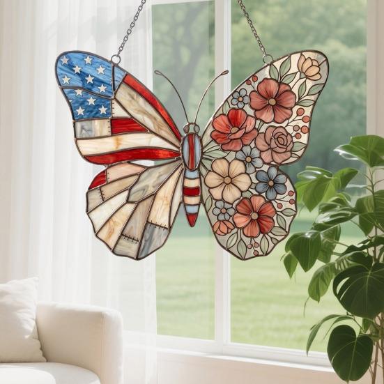 Independence Day Butterfly Suncatcher Ornament Faux Stained Glass Acrylic Window Pendant Patriotic Butterfly Suncatcher for Wall Window