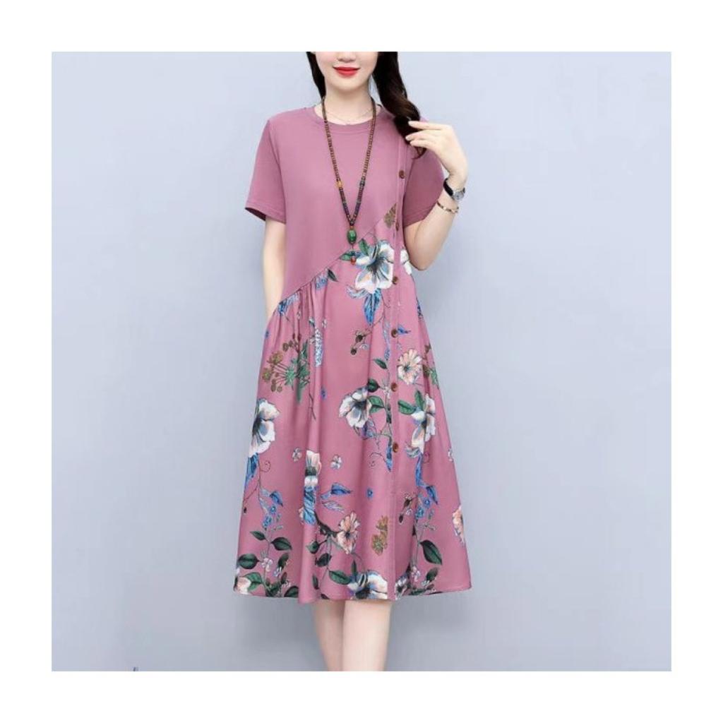 Women's Round Neck Short Sleeve Floral Print A-Line Midi Dress Casual Loose Summer Dress