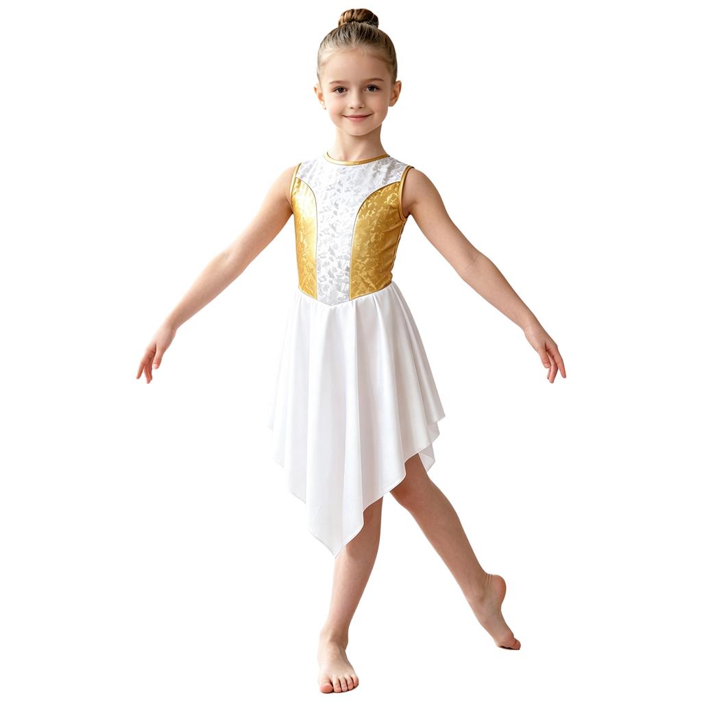 Girls Liturgical Dance Dress Sleeveless Metallic Bodice Color Block with Back Zipper and Asymmetrical Satin Hem for Praise Worship Service