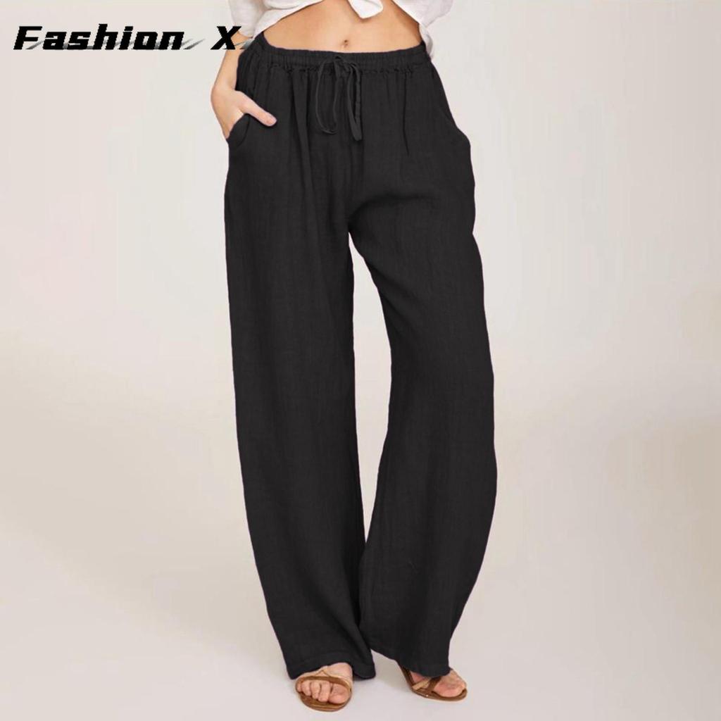 Große Größe frauen Elastische Taille Lange Leinen Casual Lose Breite Bein Hosen