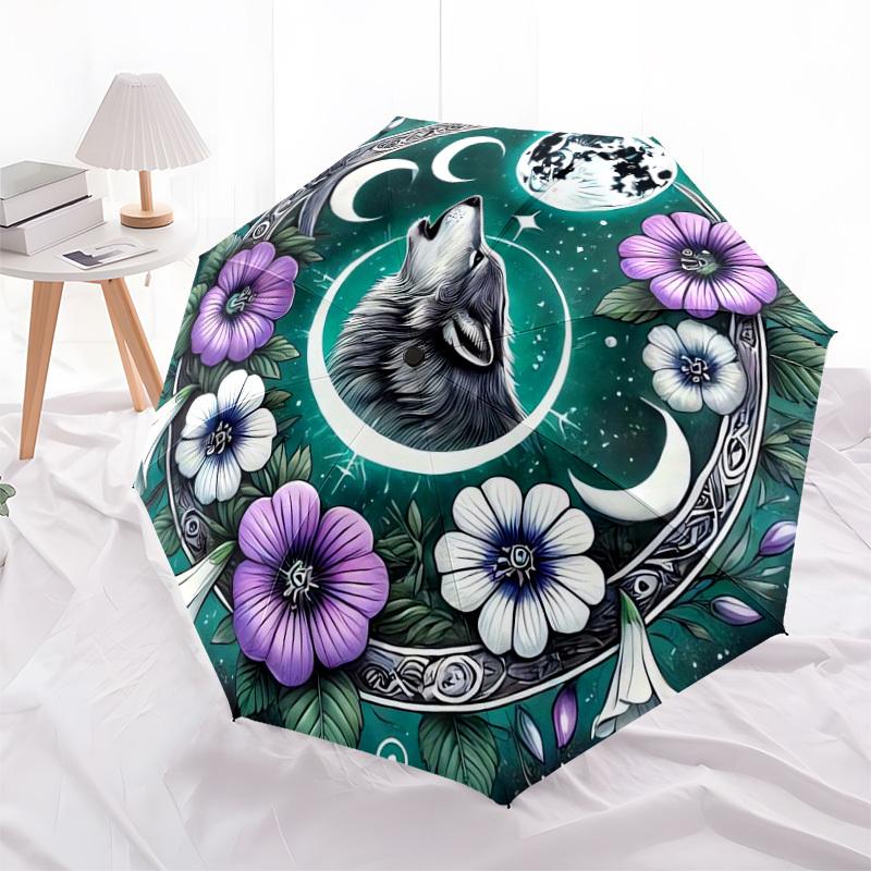 1pc Wolf Moon Floral Mandala Umbrella with Plastic Handle,Suitable for All Seasons Home Travel Outdoor UmbrellaDD1622