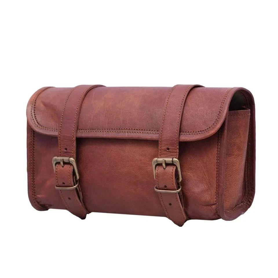 Goat Leather Motorcycle Strap Buckle Closure Tool Bag Genuine Vintage Brown Best