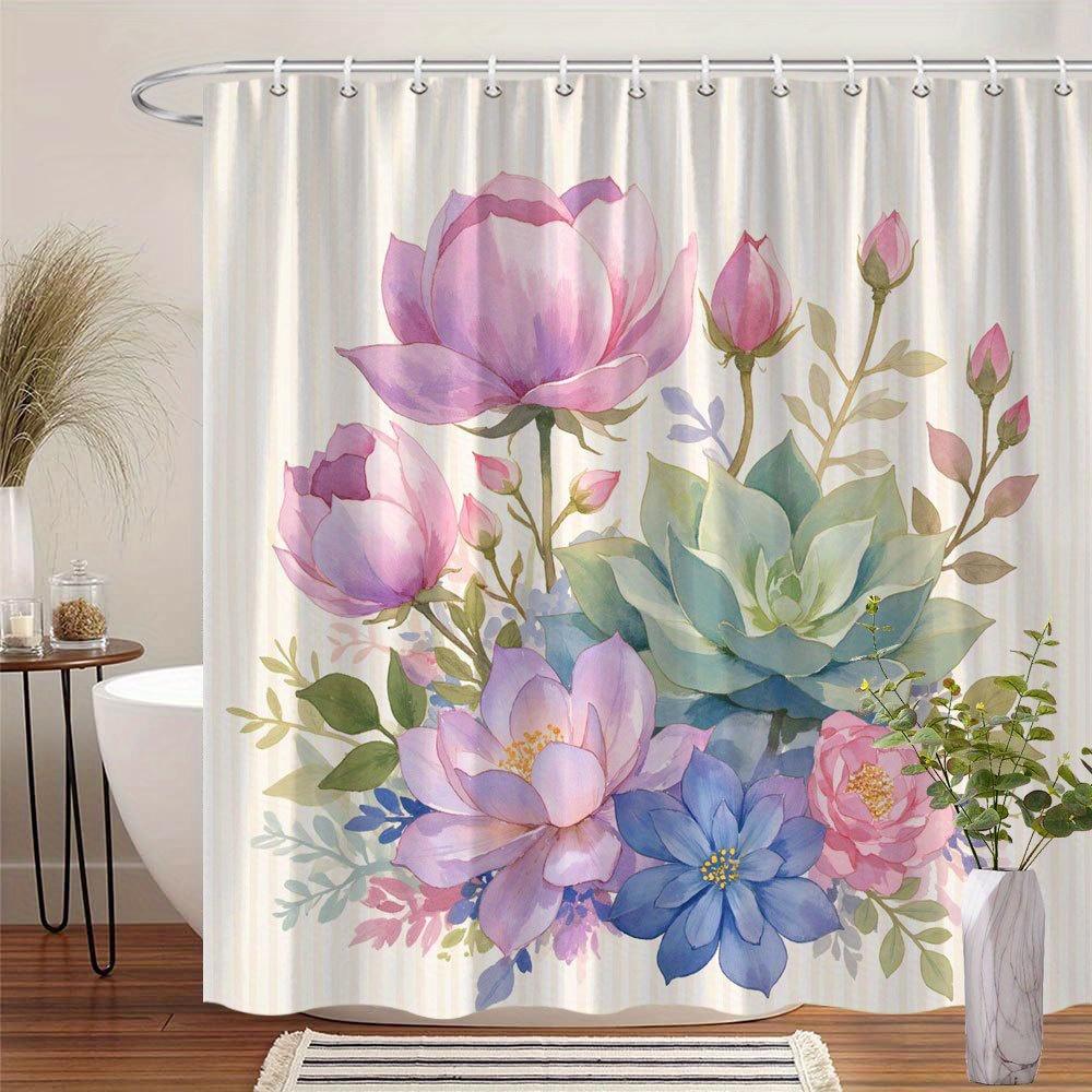 1pc Springtime Bouquet Shower Curtain - Watercolor Peonies, Succulents & Blue Flowers, Striped Background, Serene Design
