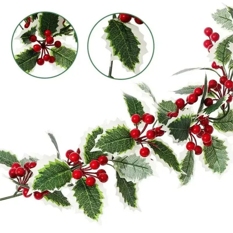 1-10PCS Artificial Holly Leaf and Red Berry Garland Wall Hanging Christmas Decoration Faux Vine for Home Holiday Atmosphere