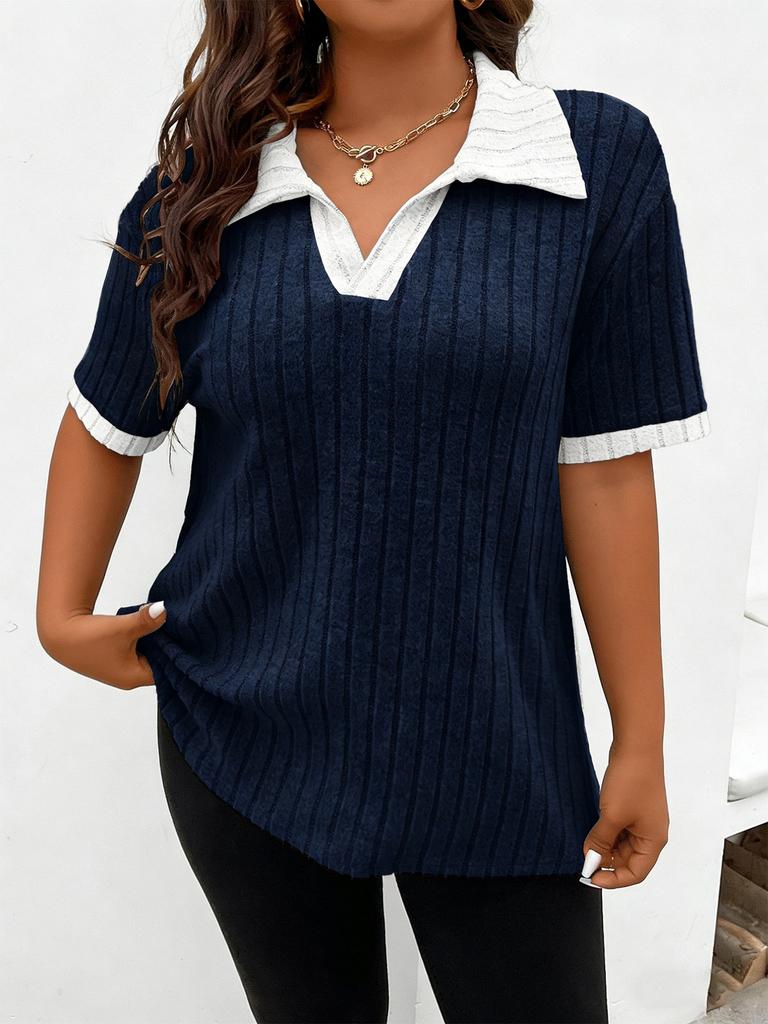 Women's V Neck Short Sleeve Rib Knit Top with White Trim Multi Color Casual Shirt