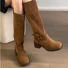 Fashion Women's Knee Boots 2025 Autumn Fashion Round Toe Platform Metal Buckle Suede Leather Long Boots Non-Slip Retro Cowboy Boots
