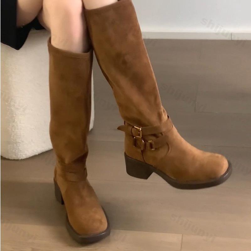 Fashion Women's Knee Boots 2025 Autumn Fashion Round Toe Platform Metal Buckle Suede Leather Long Boots Non-Slip Retro Cowboy Boots