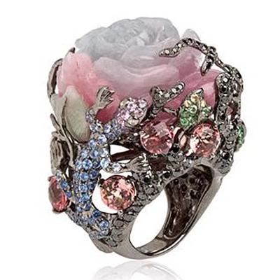 Wholesale Milangirl Fashion Vintage Black Tungsten Ring Peony Flower Tree Vine Lizard Resin Crystal Alloy Ring