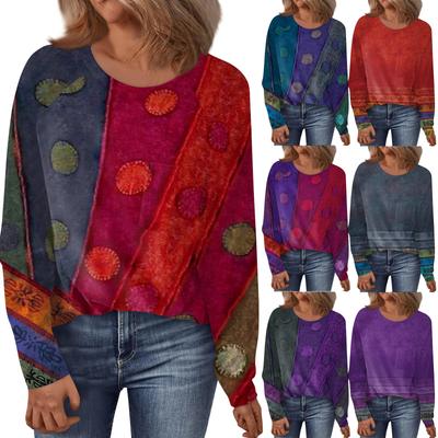 Damen Rundhalsausschnitt Blumendruck Raglanärmel Lange Ärmel All-Match Loose Top