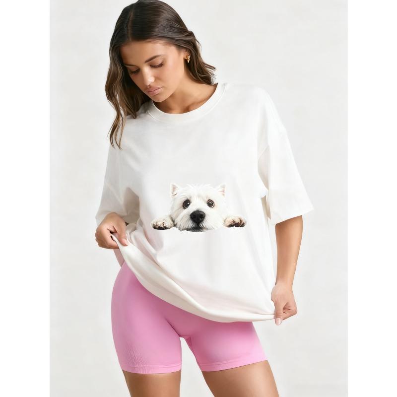 Oversized T Shirt Black Westie Dog Print Casual Wear for Women Everyday Outfit Streetwear Fashion Statement Top