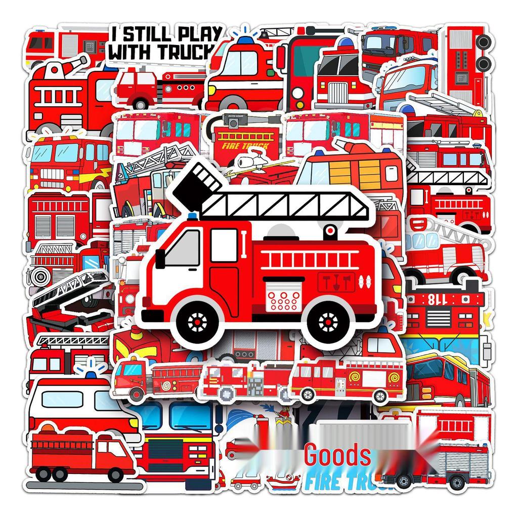 50 Fire Truck Graffiti Stickers - Cartoon, Waterproof, DIY for Children's Journals, Skateboards, & Luggage
