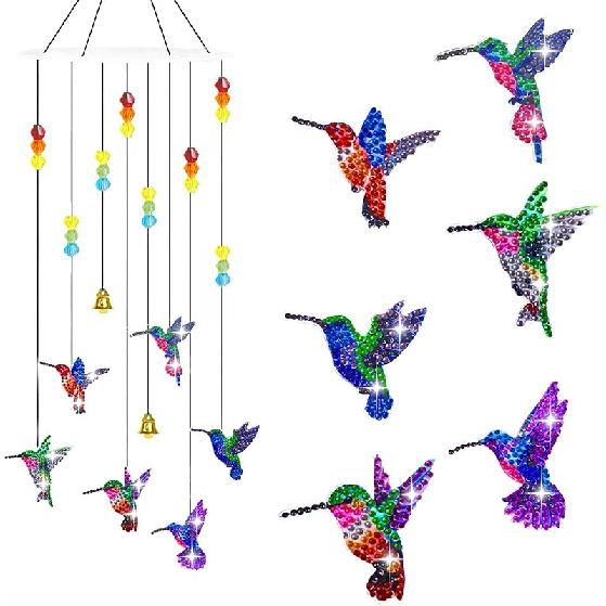 Generic DIY Dotted Diamond Art Painting Wind Chime Kit, Three-Dimensional Sun Catchers Diamonds Dot Paintings Hanging Ornaments, for Spring Garden
