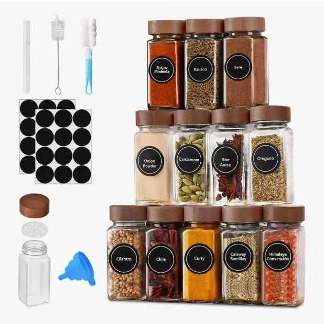 40oz Glass Pepper Powder Square Seasoning Bottle Set, 120ml, Bamboo Lid with Holes
