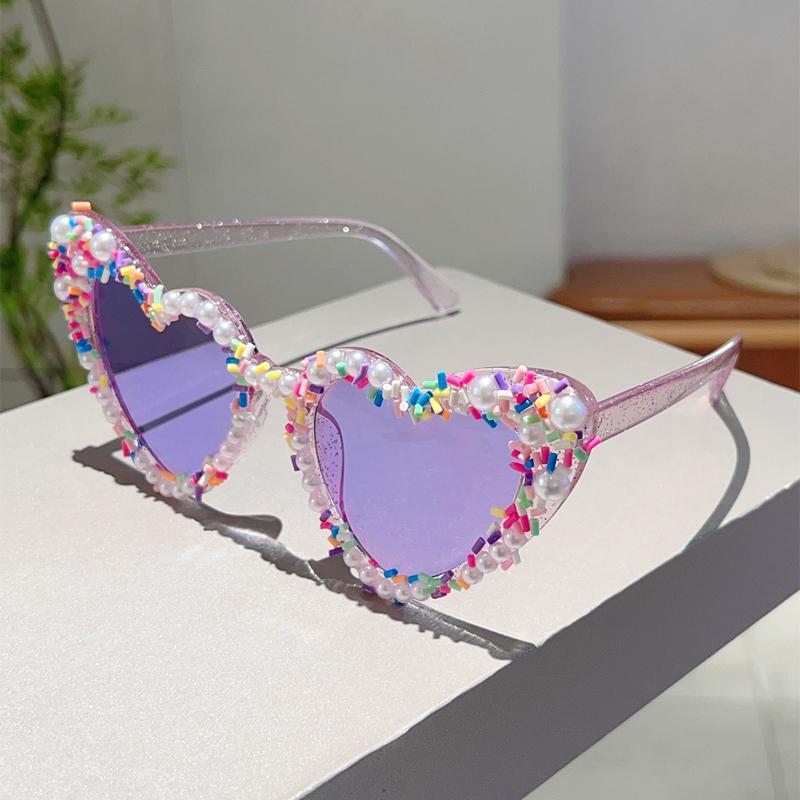 Heart Shape Sunglasses with Pearls and Jimmies Fashion Cute Gradient Multi-color Decor Shades Trendy Original Sun Glasses