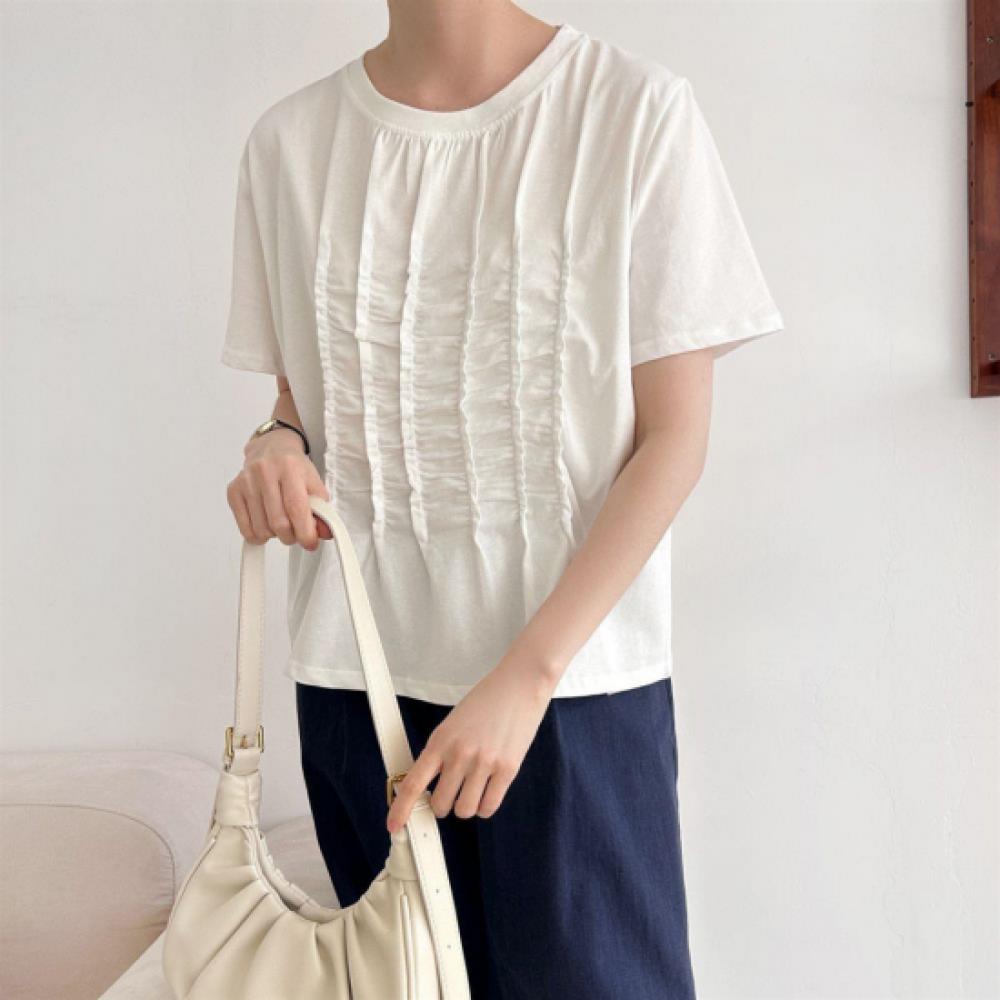 New Arrivals Open Run Women Shirring Round Neck CoTTon ShorT Sleeve T shirT