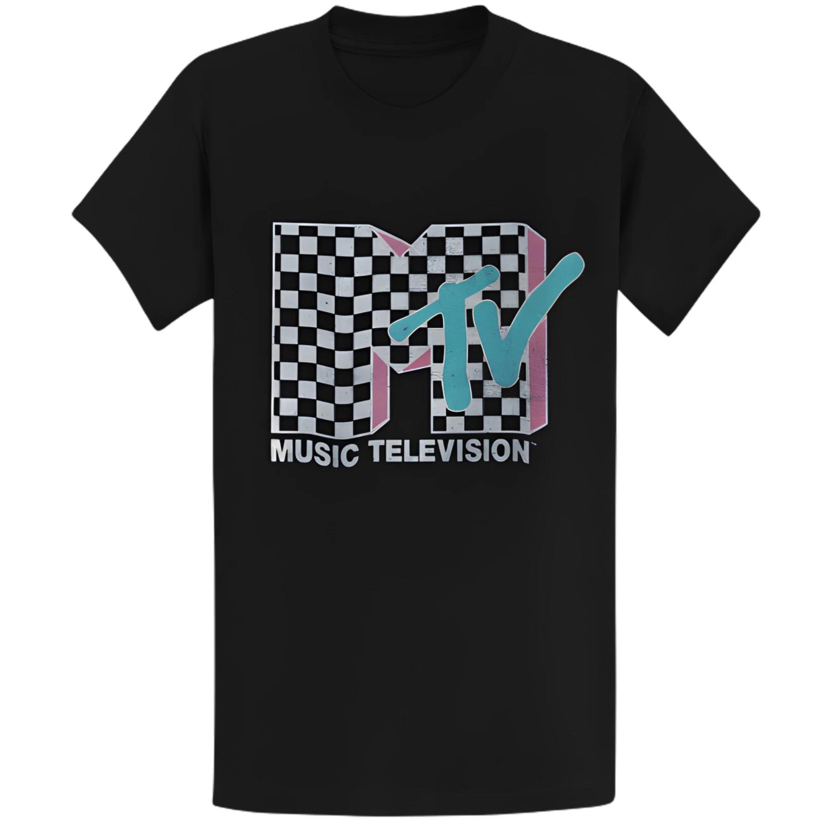 Gildan 5000 Vintage MTV Neon Checkered Logo T-Shirt - Retro 80s 90s Gift Tee L