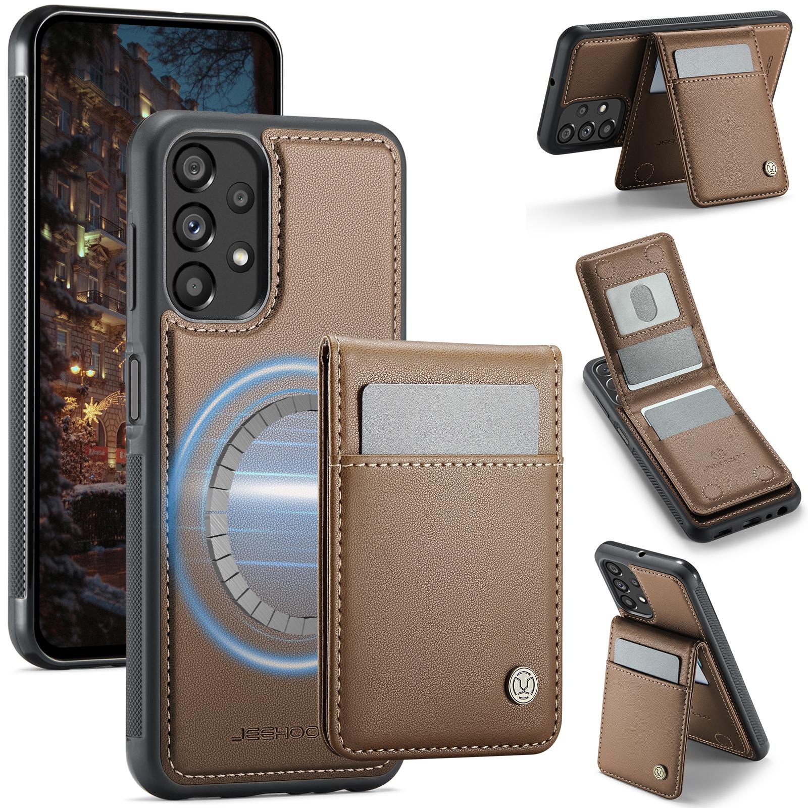 

For Samsung Galaxy A23 5G (Global Version)/Galaxy A23 4G Leather Back Cover Compatible with MagSafe JEEHOOD J06 Phone Case with Card Bag RFID Blocking Brown