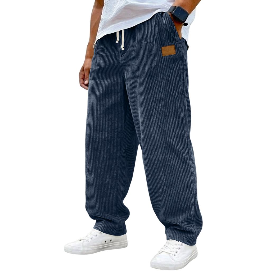 Mens Corduroy Loose Fit Trousers Casual Drawstring Waist Wide Leg Pants Relaxed Fit Corduroy Pants with Pockets for Everyday Wear