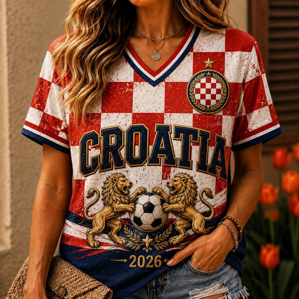 Women's V-Neck Short Sleeve T-Shirt with Soccer Print for Casual Everyday Wear