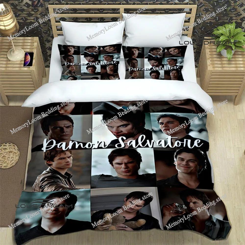 TV Series Popular The Vampire Diaries Damon Salvatore Bedding Set King Size Duvet Cover 3D Print Cozy Soft Bed Sheet Set Adult