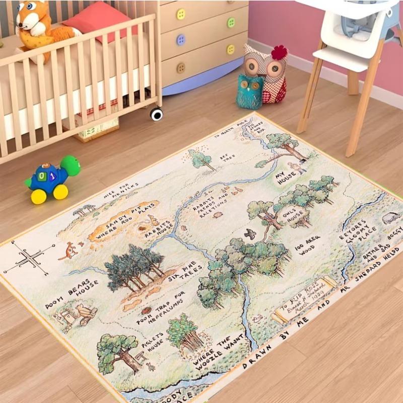 3D Hundred Acre Wood Map Carpet House Label Illustration on Green Rug, Interactive Storybook Floor Mat for Kids Playroom Fashion