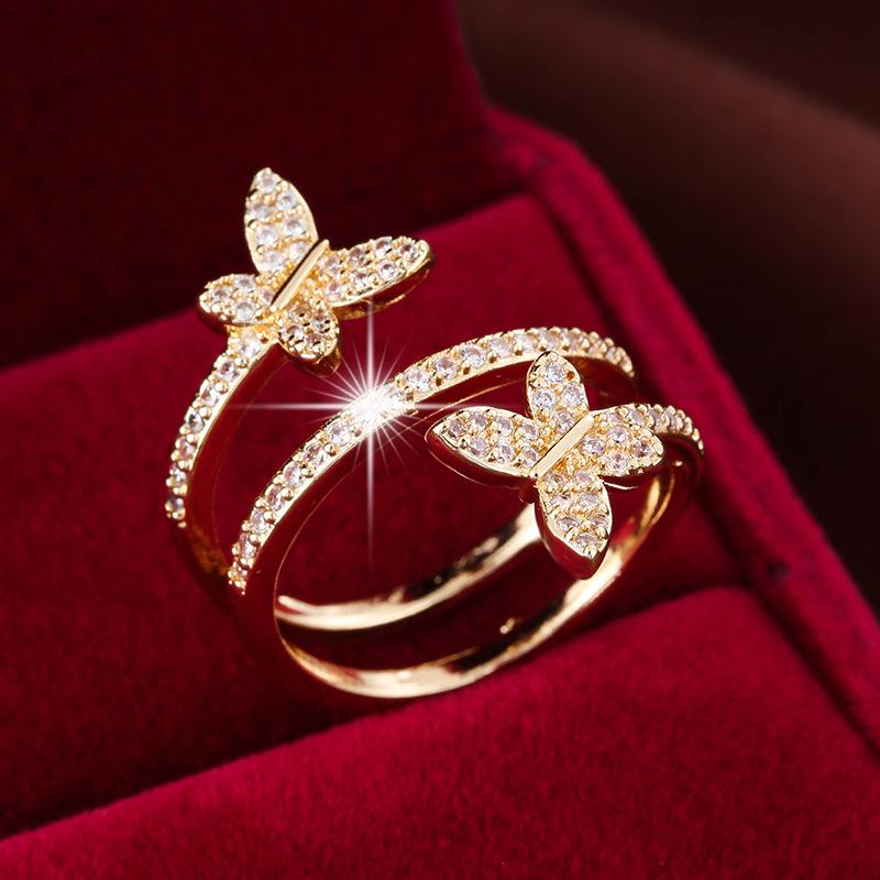Stylish Butterfly Wrap Copper Ring: Adjustable, Full Diamond Design for Women