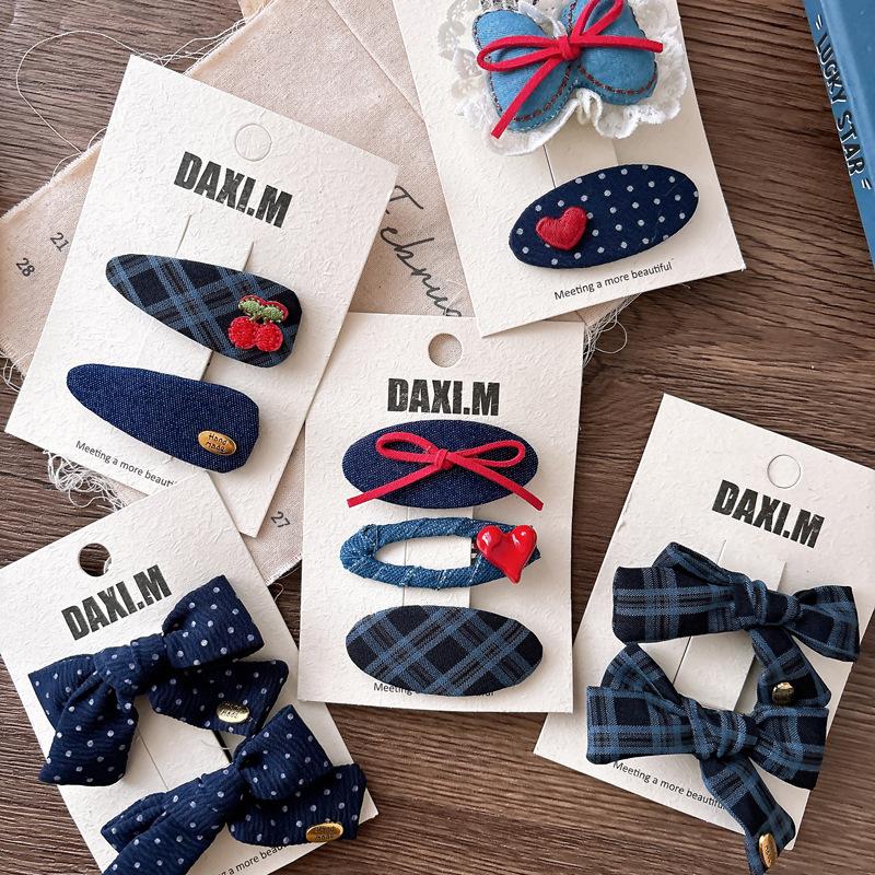 High Quality Korean Sweet Academic Hair Clip Navy Plaid Bow BB Clip for Girls Versatile Side Clamp with Polka Dots