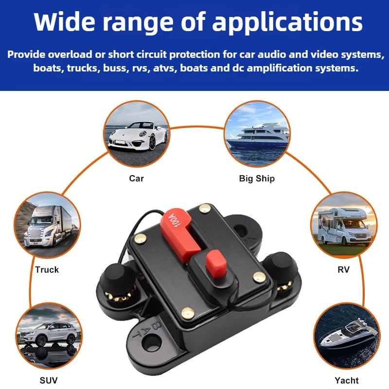12V 24 48V DC Circuit Breaker 40A 50A 60A 80A 100A 150A 200A 250A 300A Car Truck Audio Resettable Fuse Voltage Protection Circuit Breaker 6
