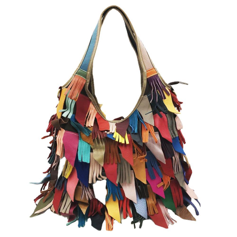 Women's European & American Genuine Leather Tassel Patchwork Tote Crossbody Bag - Colorful, Fashionable & Versatile